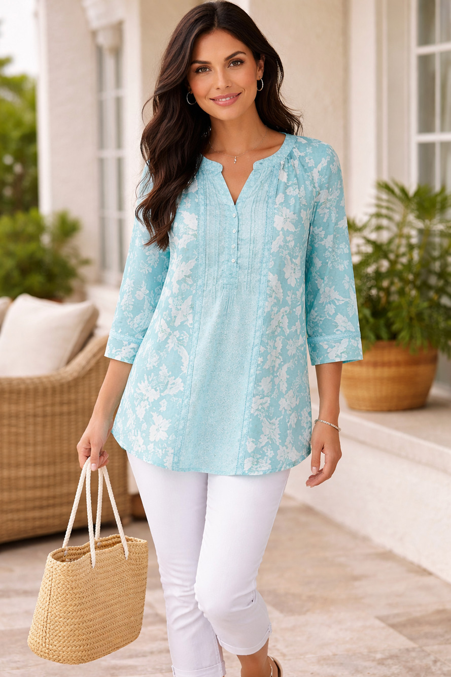 ZAC & RACHEL size SMALL Top Sheer Five Button Front 3/4 Sleeves Robin's Egg Blue